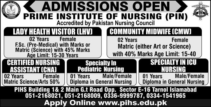 Prime Institute of Nursing Lady Health Visitor Admission 2019