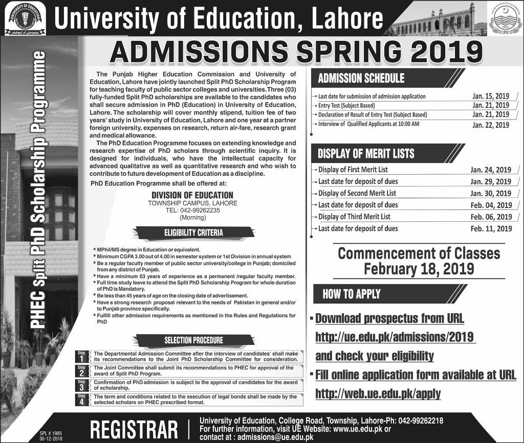 University of Education Lahore Admissions Spring 2019