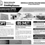 BAHRIA UNIVERSITY Spring Admissions 2018-19 DPT MLT