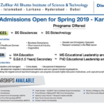 SZABIST BS Biosciences & Biotechnology Spring Admissions 2019