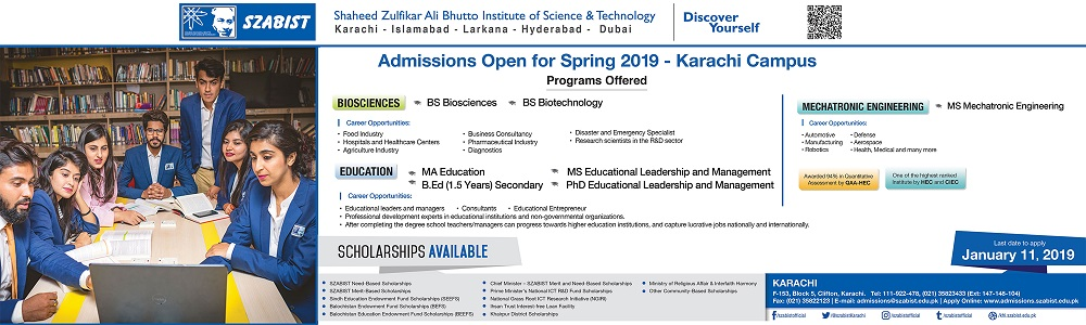 SZABIST BS Biosciences & Biotechnology Spring Admissions 2019