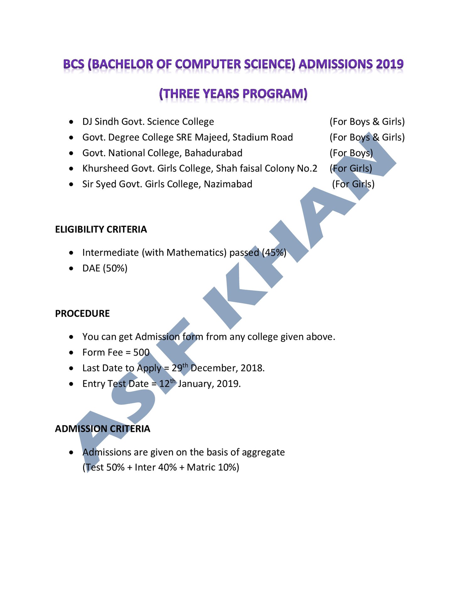 BCS in Govt Colleges (Affiliated with KU) Spring Admission 2019