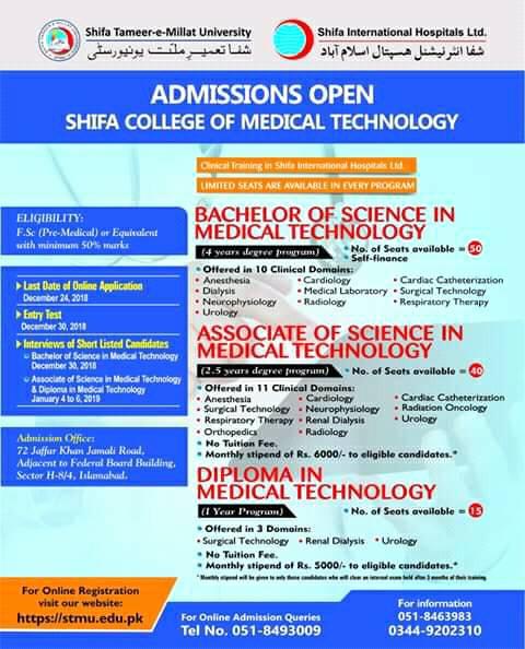 Spring Admissions are opened in Shifa College of Medical Technology Islamabad