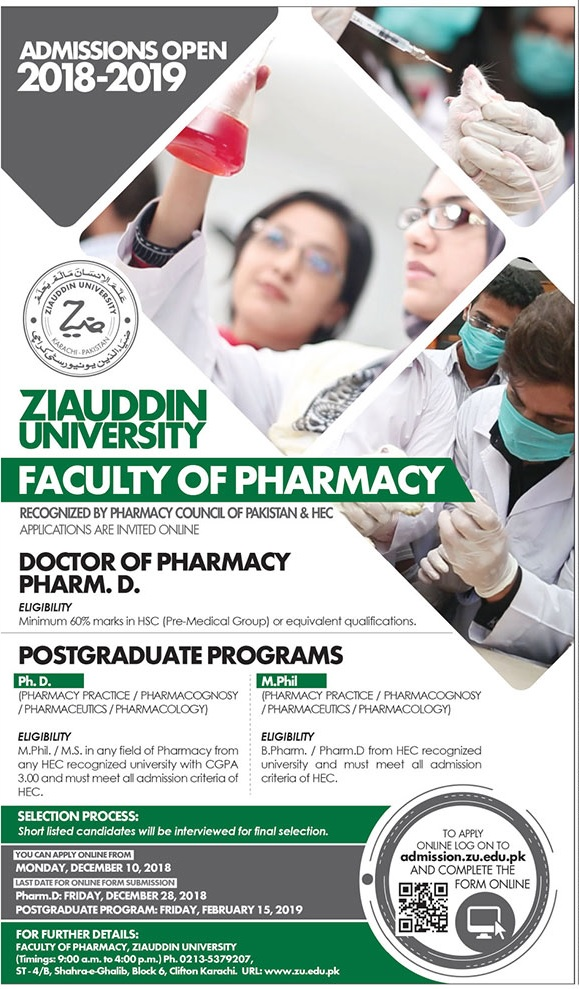 Ziauddin University (Pharm-D) Spring Admission 2019