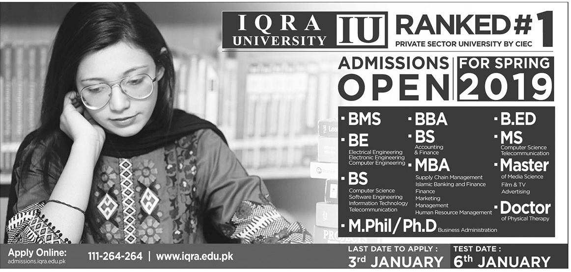 IQRA University Admissions Open for Spring 2019