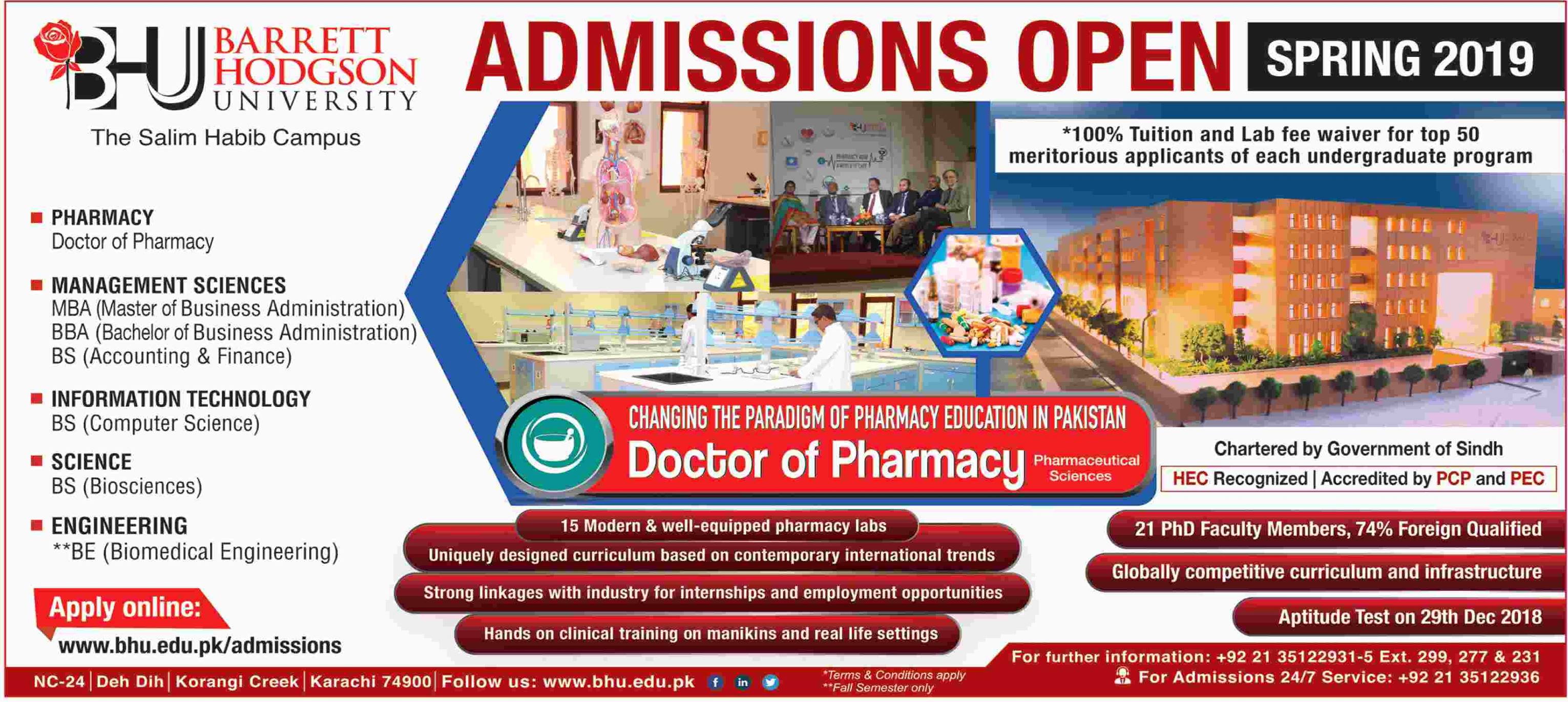 Barrett Hodgson University Karachi Pharm-D/BS/BBA/BE) Spring Admission 2019