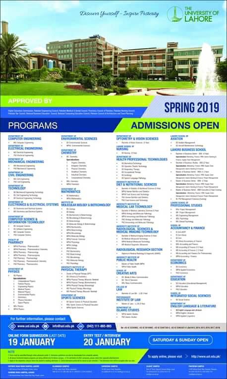 Spring Admission are opened in University of Lahore