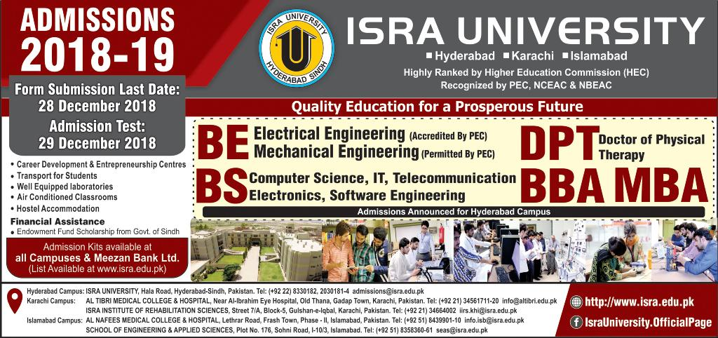 ISRA University Spring BE/DPT/BS/BBA Admissions 2019