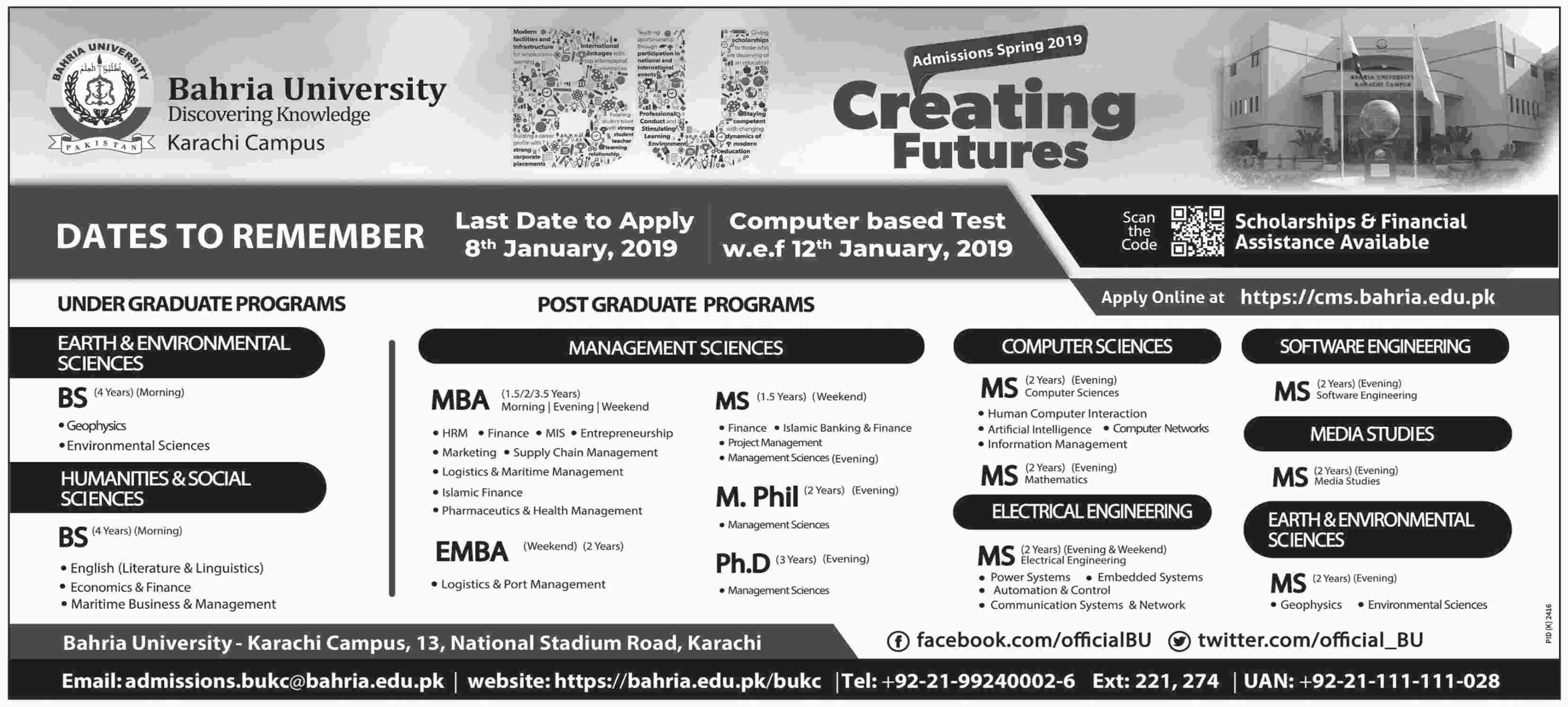 Bahria University Karachi Campus Admissions Spring 2019