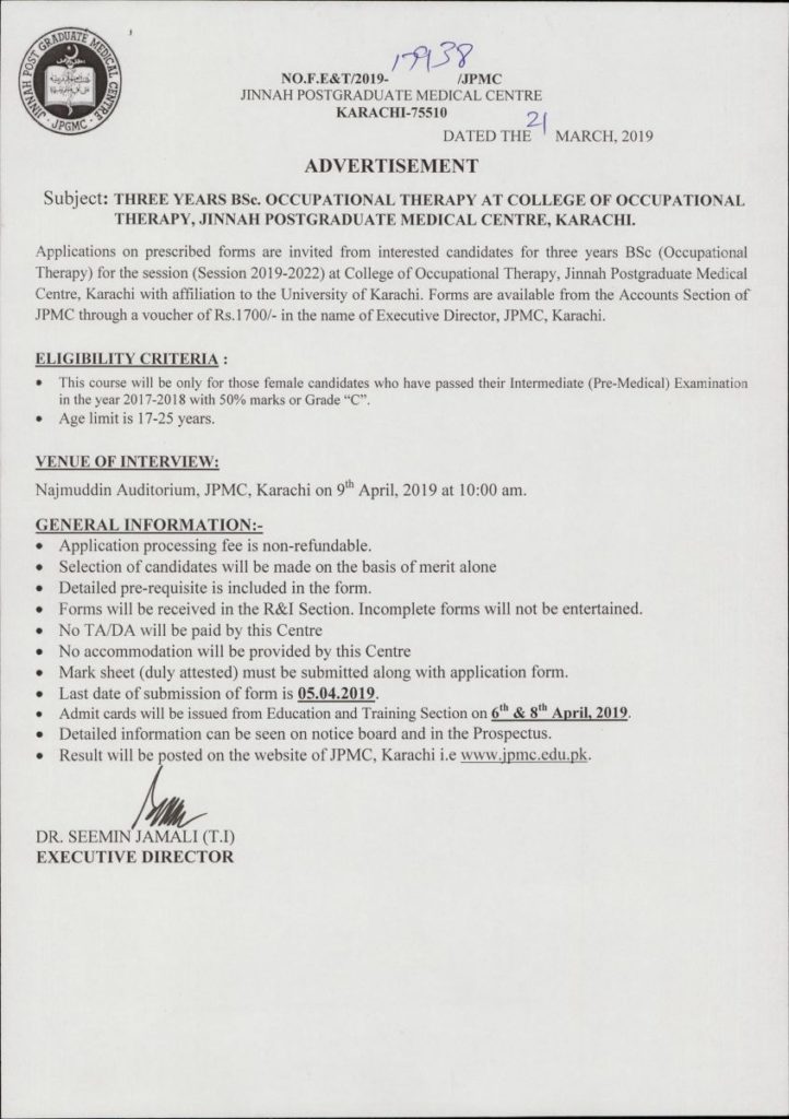 JPMC Admissions 2019 For BSc Occupational Therapy StudyPK jpmc-admissions-2019-for-bsc-occupational-therapy-studypk