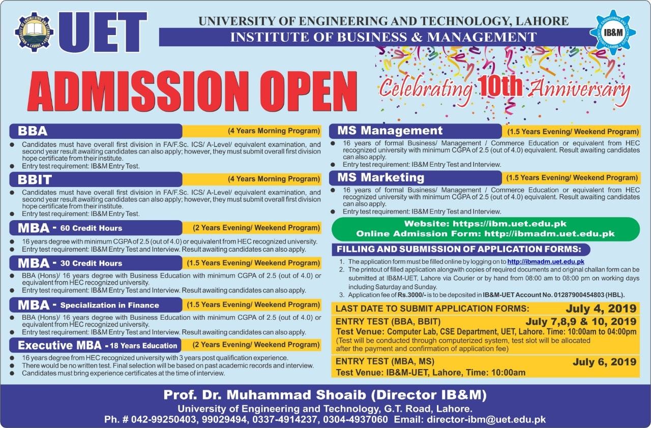 UET Lahore Institute of business Management Admissions 2019