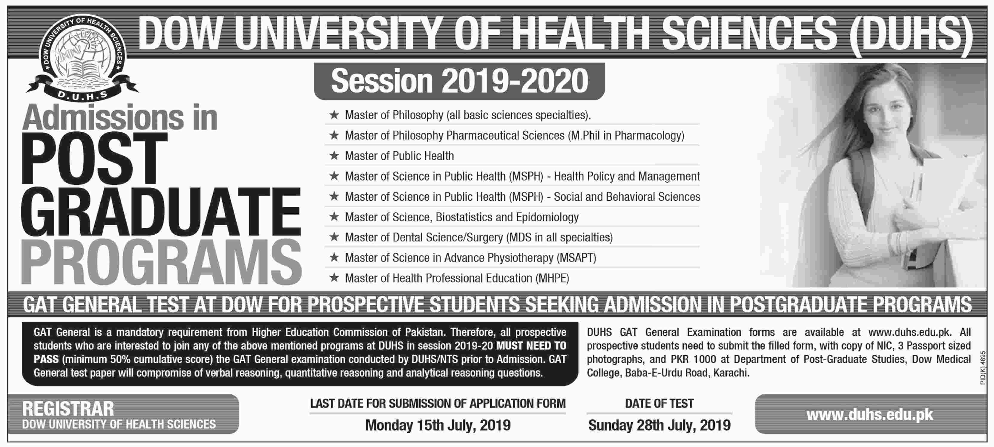 Dow University of Health Sciences Admission in Post Graduate Programs 2019