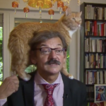 Polish Historian Calmly Conducts a TV Interview While an Orange Cat Climbs on His Shoulders
