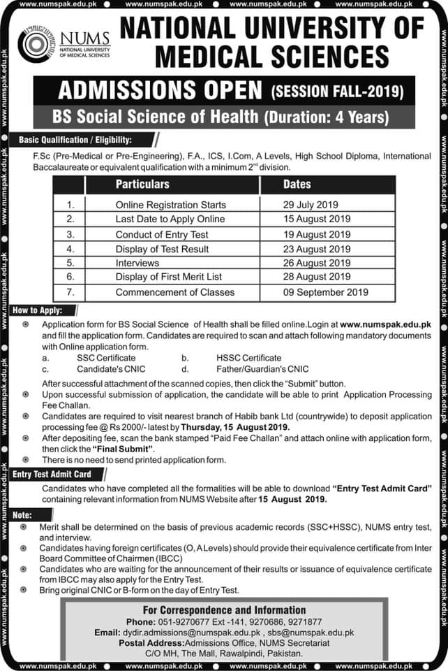 NUMS Admissions Open - BS Social Sciences of Health (Session Fall 2019)