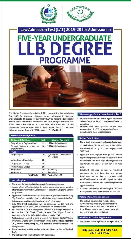 Law Admission Test (LAT) for 5-year Undergraduate LLB Degree Programme