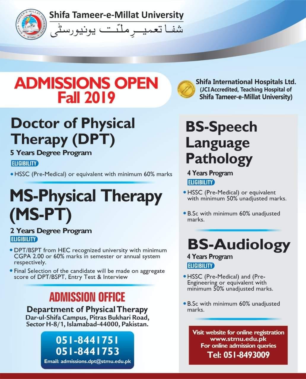 Shifa Tameer-e-Millat University DPT Admissions Open 2019-2020