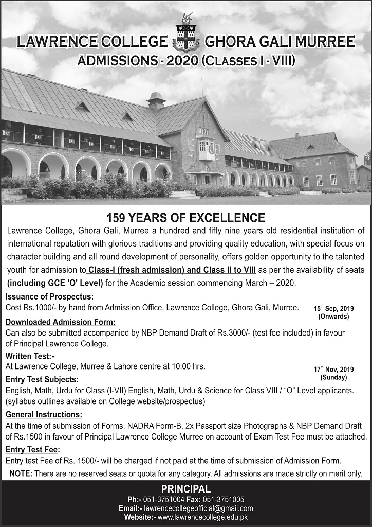 Lawrence College Ghora Gali Murree Admission 2019 Class I-VIII 