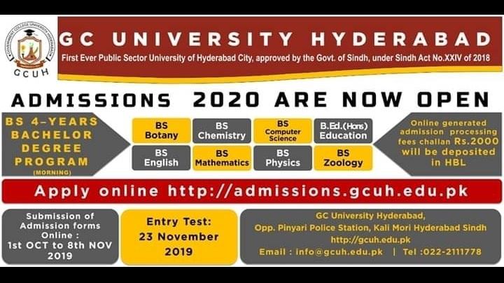 GC University Hyderabad Sindh BS Admission Open Session 2020