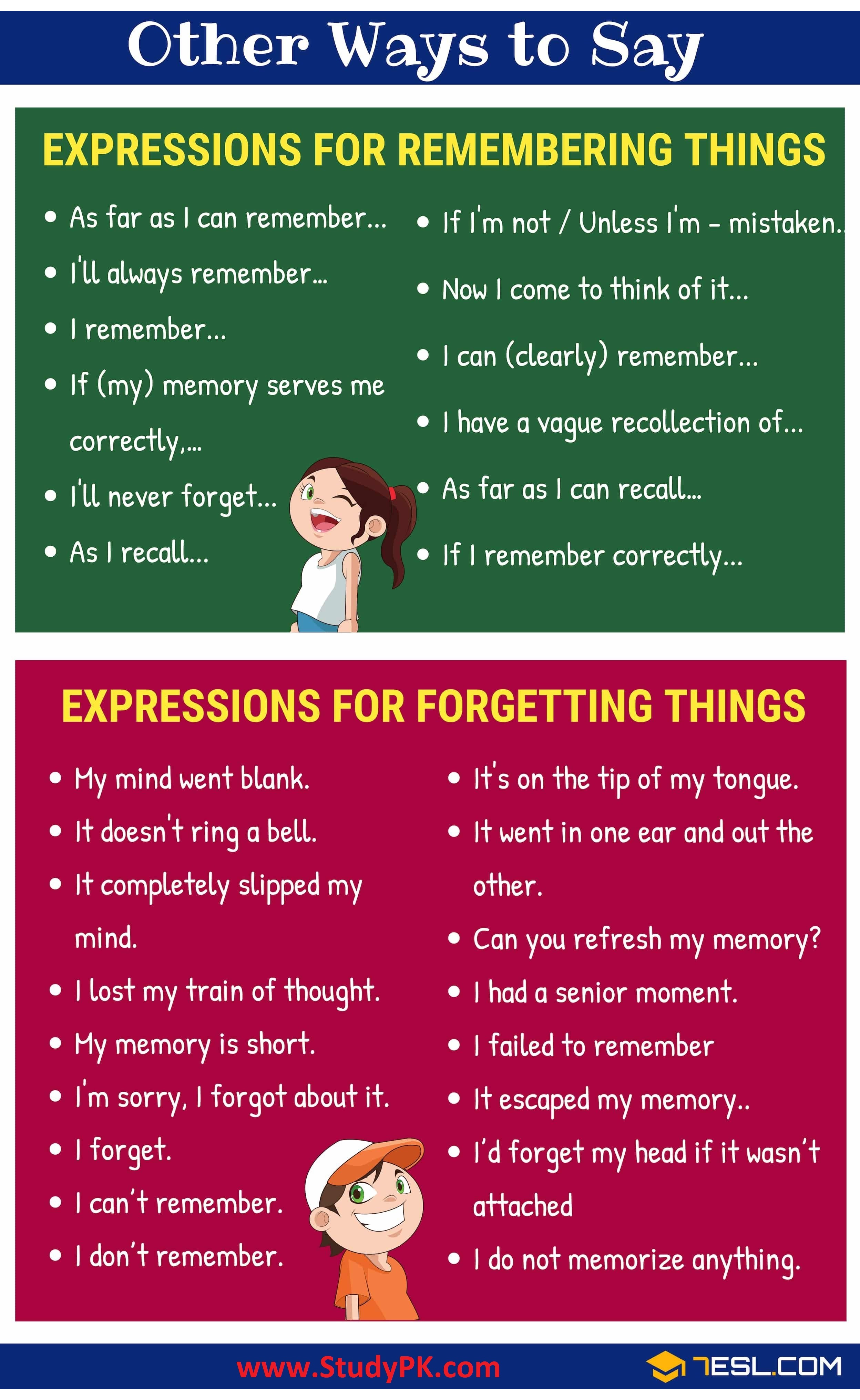 English Phrases / Expressions for Remembering, Reminding, & Forgetting