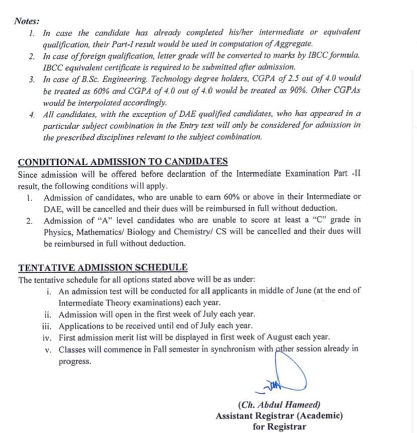 UET Undergraduate Admission Policy 2020