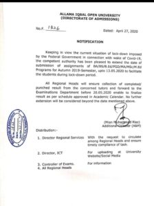 Allama Iqbal Open University (AIOU) has extended the date for submission of assignments