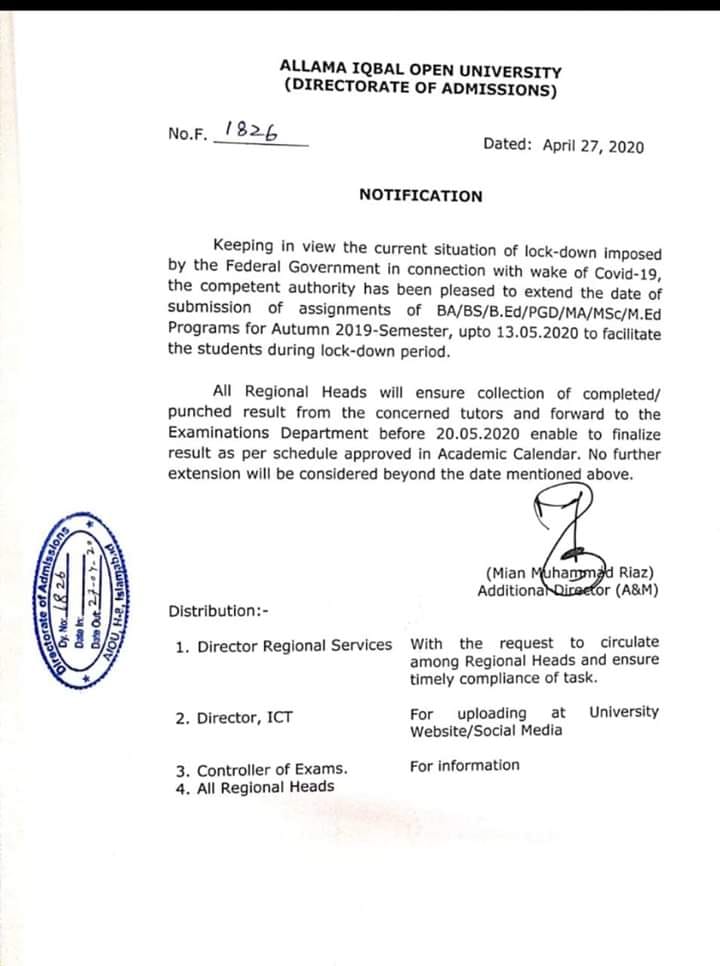 Allama Iqbal Open University (AIOU) has extended the date for submission of assignments