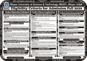 MUST Mirpur Advertisement for Admission Fall, 2020 & Eligibility Criteria