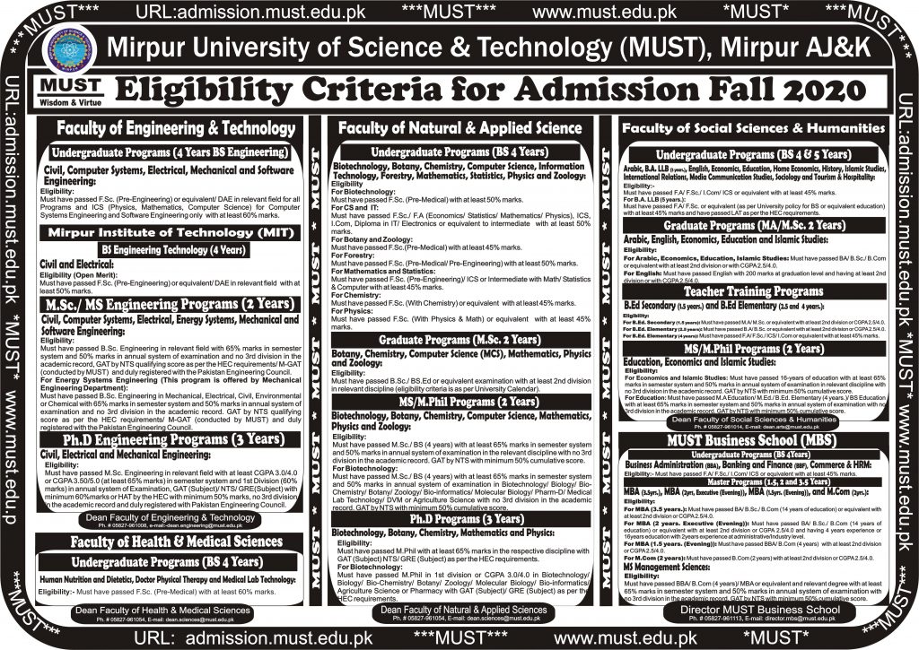 MUST Mirpur Advertisement for Admission Fall, 2020 & Eligibility Criteria