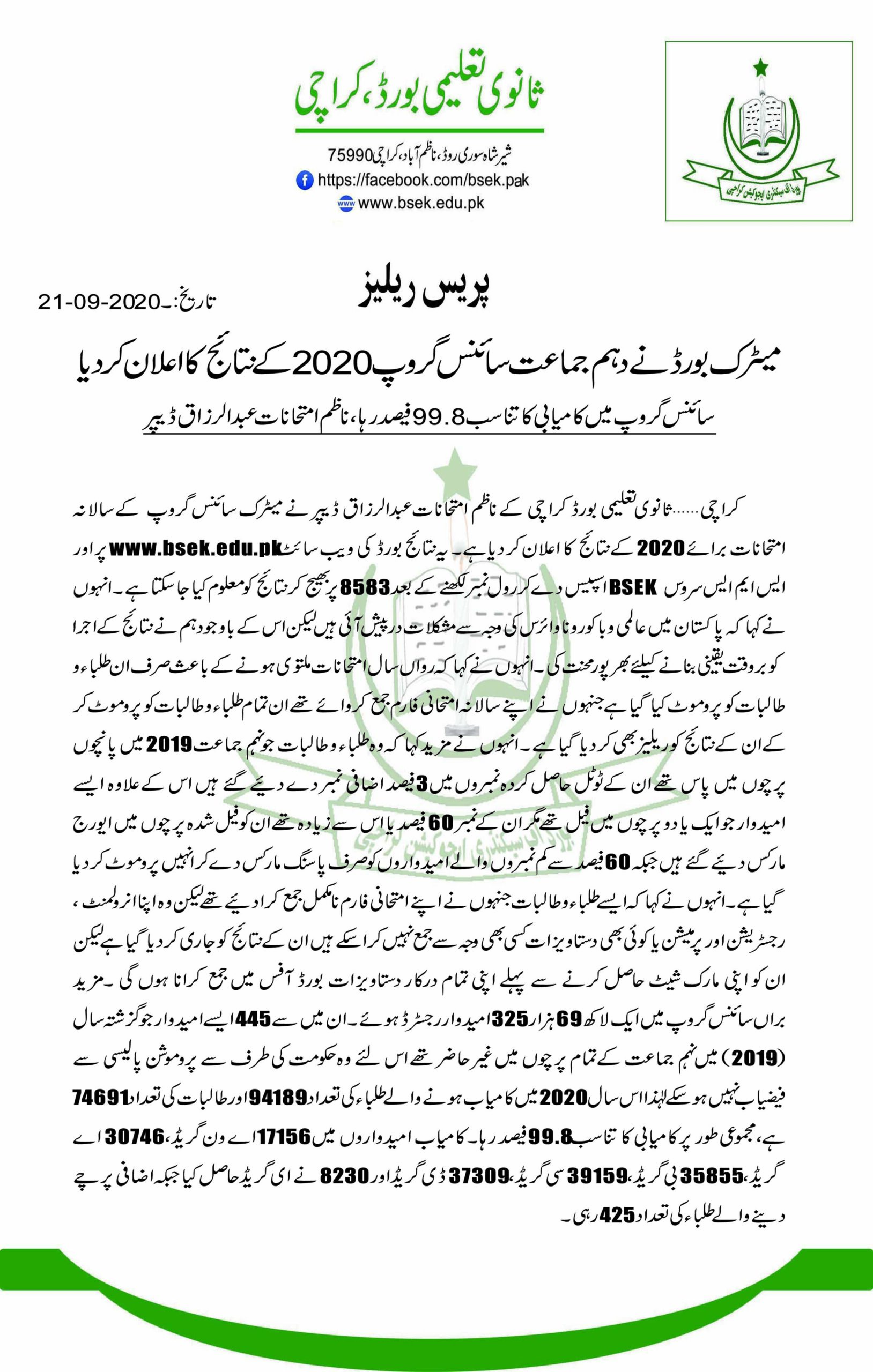 HSC Part 2 Result 2020 Karachi Board