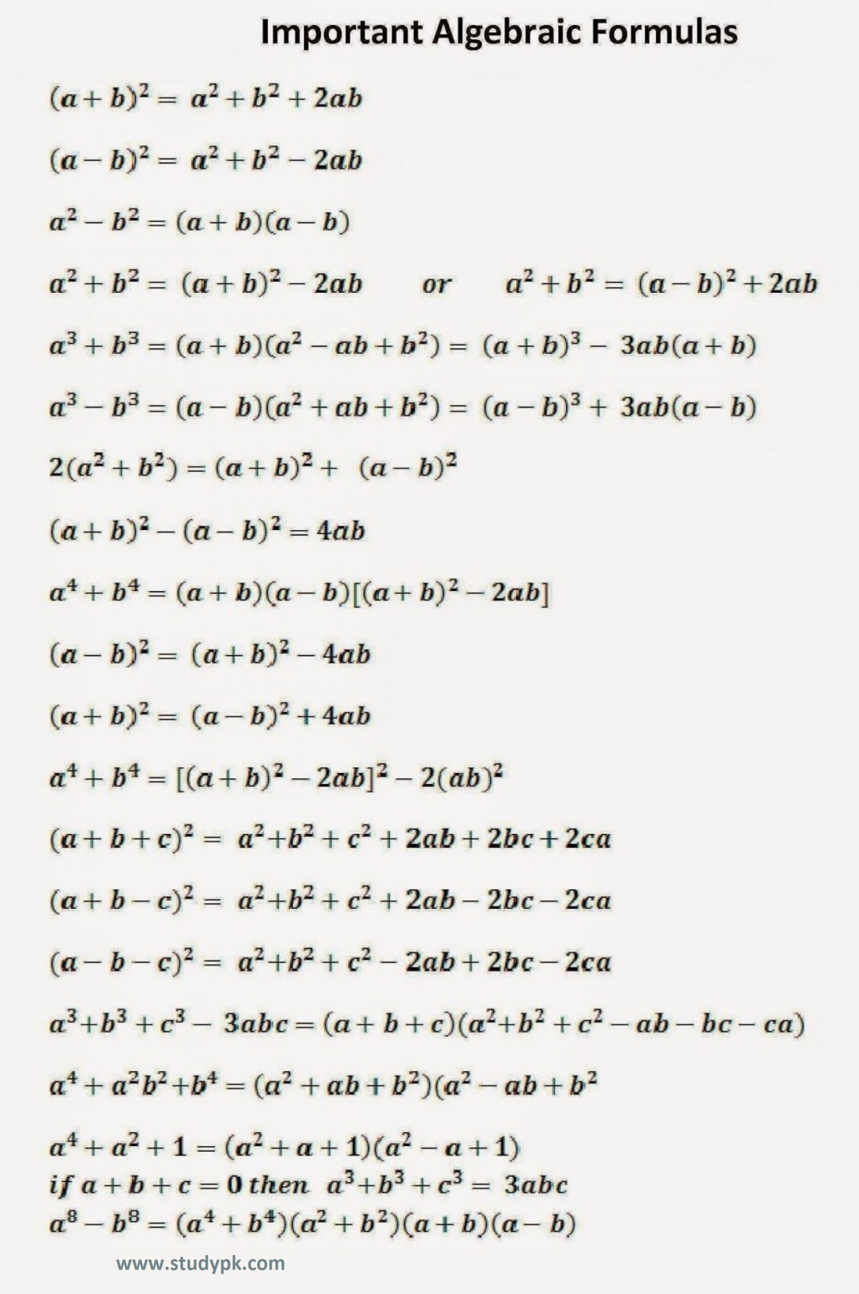Important Algebraic Formula Definition and Examples - StudyPK