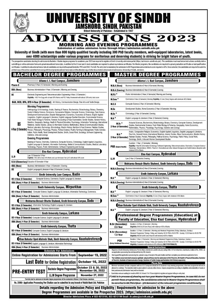 Sindh University Admissions to Bachelor & Master Degree Programs for Academic Year 2023