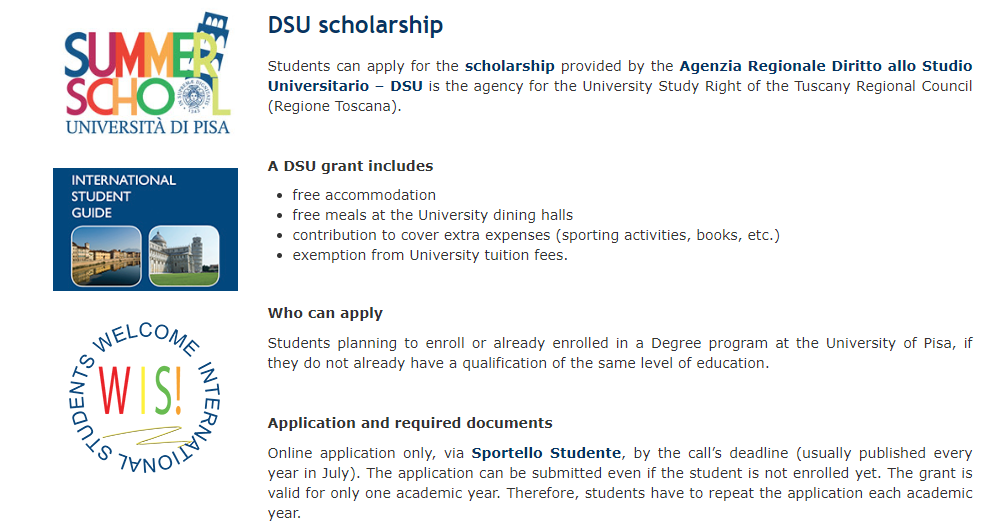 DSU Scholarship: Financial Aid for Students at the University of Pisa