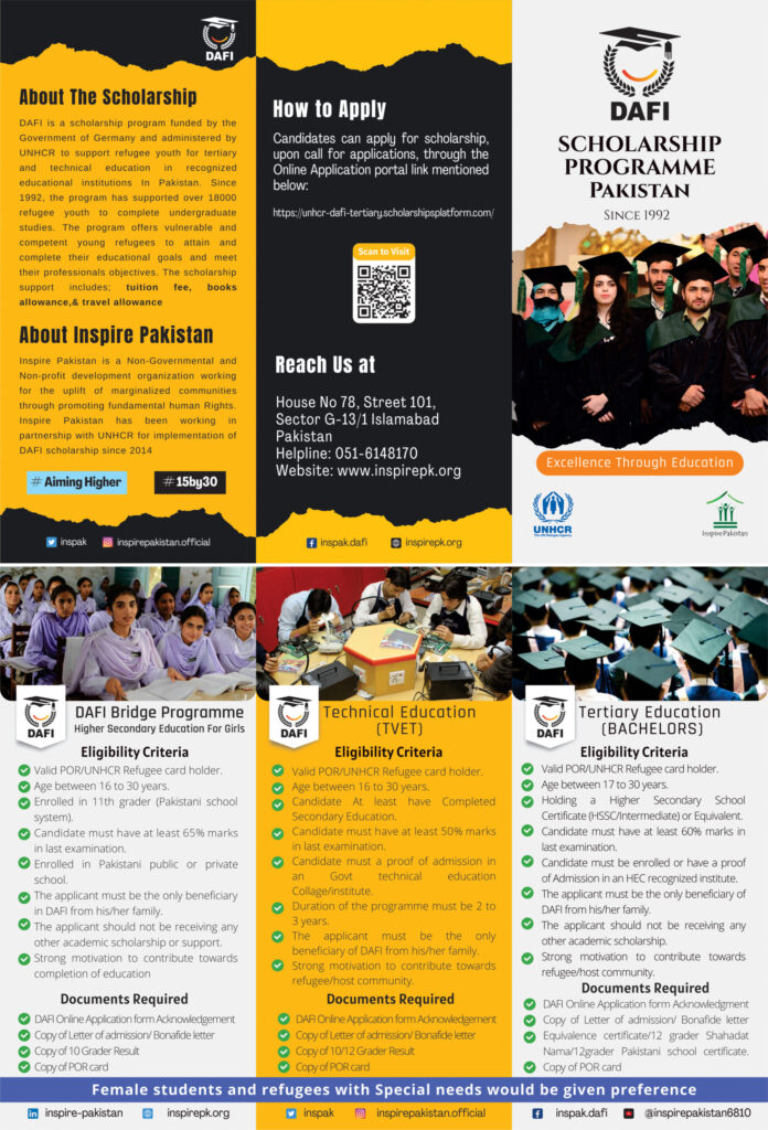 UNHCR-Dafi Tertiary Scholarship Program for Pakistani Students
