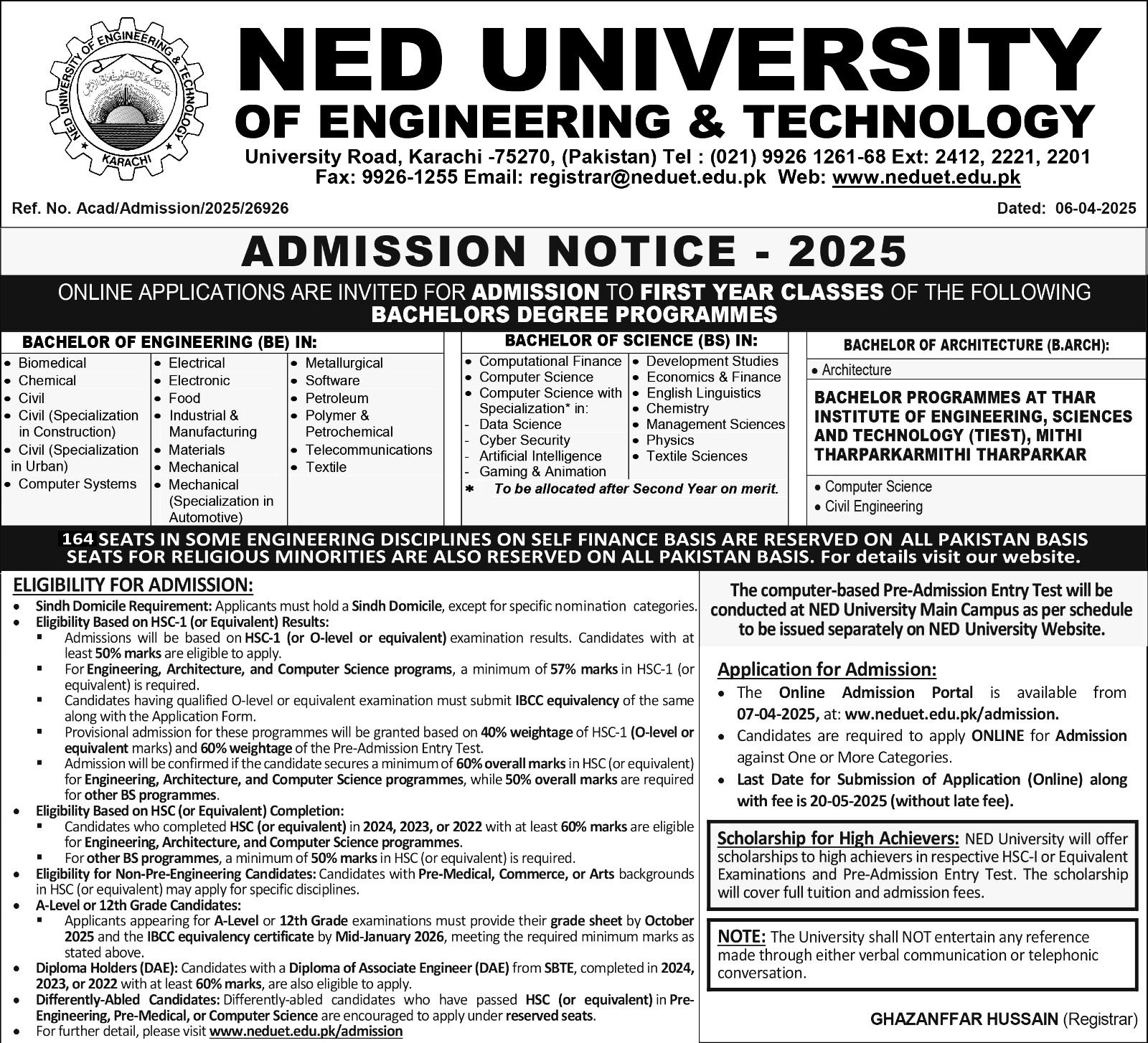 NEDUET Admissions 2025: Engineering, Science & Architecture